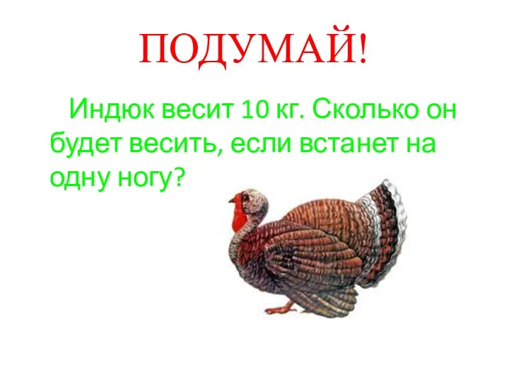 ПОДУМАЙ! Индюк весит 10 кг. Сколько он будет весить, если встанет на одну ногу?