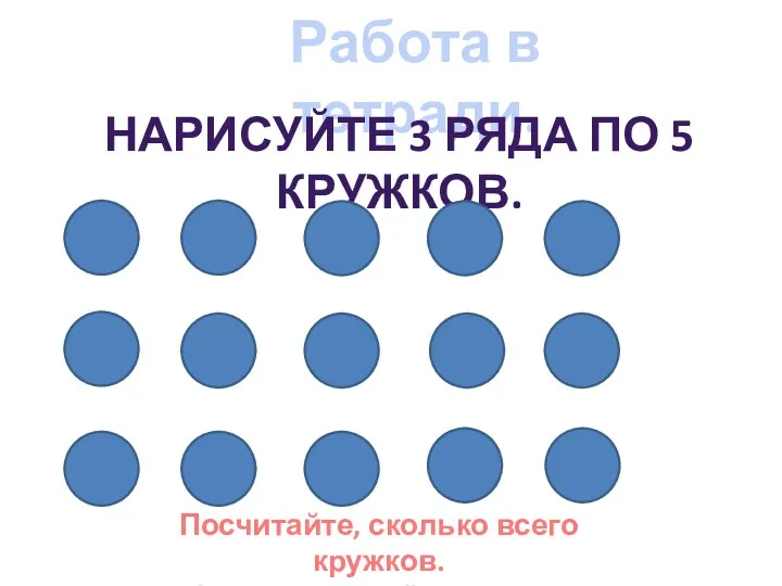Работа в тетради. Нарисуйте 3 ряда по 5 кружков. Посчитайте, сколько всего кружков. Запишите своё решение.