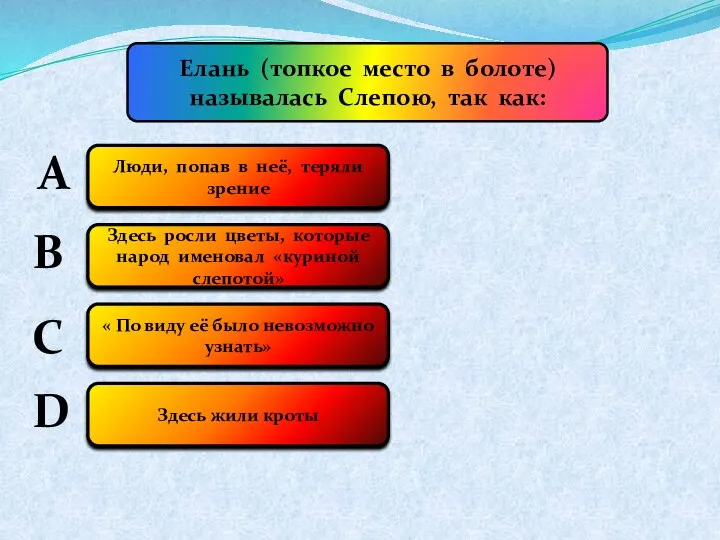 Елань (топкое место в болоте) называлась Слепою, так как: А