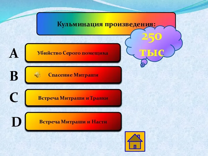 Кульминация произведения: А Убийство Серого помещика В Спасение Митраши С