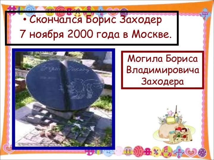 Скончался Борис Заходер 7 ноября 2000 года в Москве. Могила Бориса Владимировича Заходера