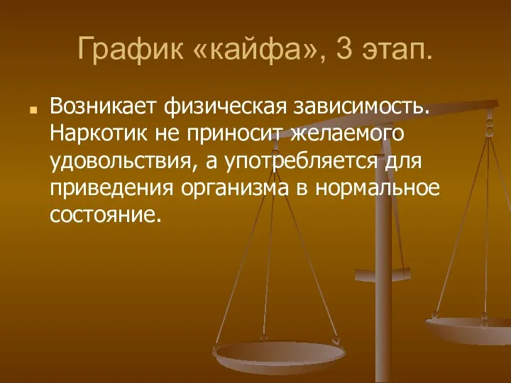 График «кайфа», 3 этап. Возникает физическая зависимость. Наркотик не приносит желаемого удовольствия, а