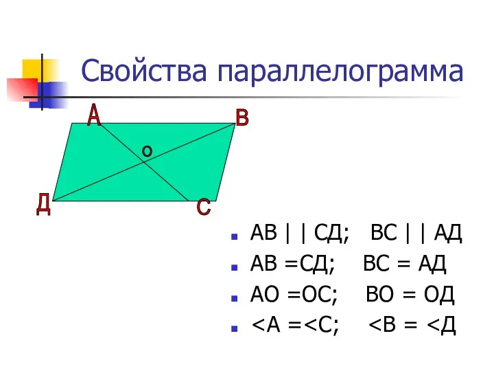 Свойства параллелограмма АВ | | СД; ВС | | АД АВ =СД; ВС