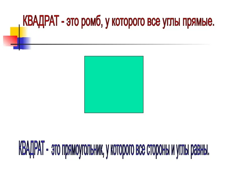 КВАДРАТ - это ромб, у которого все углы прямые. КВАДРАТ - это прямоугольник,