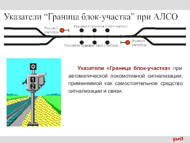 Указатели «Граница блок-участка» при автоматической локомотивной сигнализации, применяемой как самостоятельное средство сигнализации и связи.