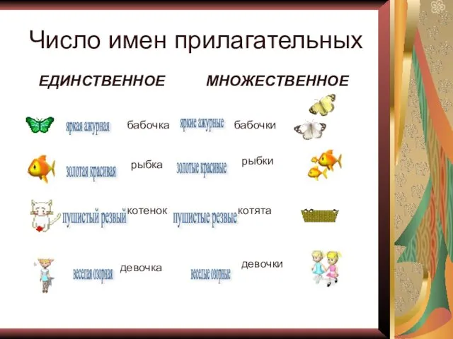 Число имен прилагательных ЕДИНСТВЕННОЕ МНОЖЕСТВЕННОЕ бабочка рыбка котенок девочка бабочки