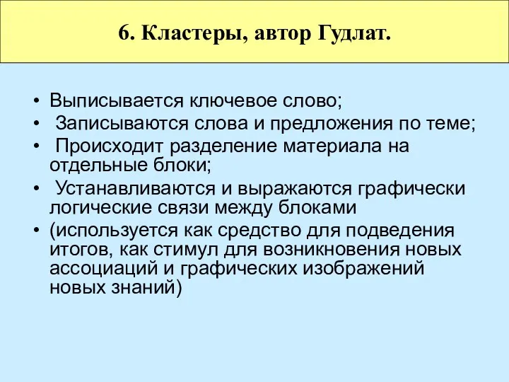 Выписывается ключевое слово; Записываются слова и предложения по теме; Происходит