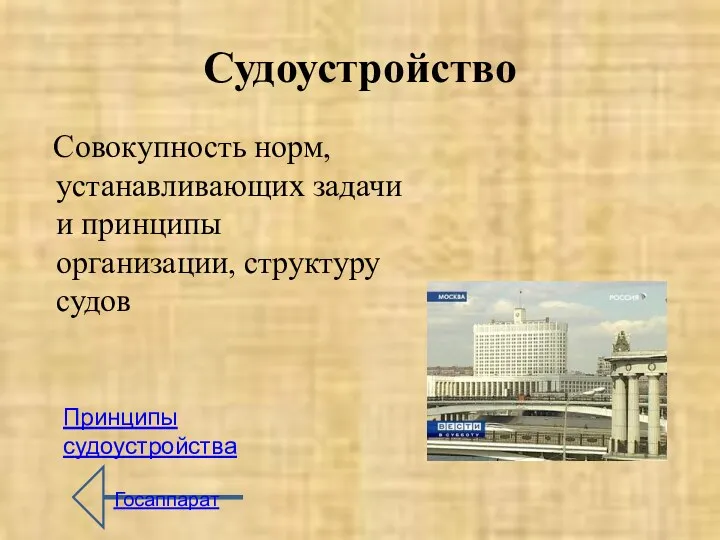 Судоустройство Совокупность норм, устанавливающих задачи и принципы организации, структуру судов Принципы судоустройства Госаппарат