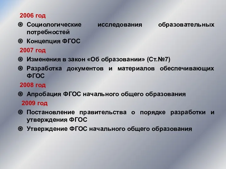 2006 год Социологические исследования образовательных потребностей Концепция ФГОС 2007 год