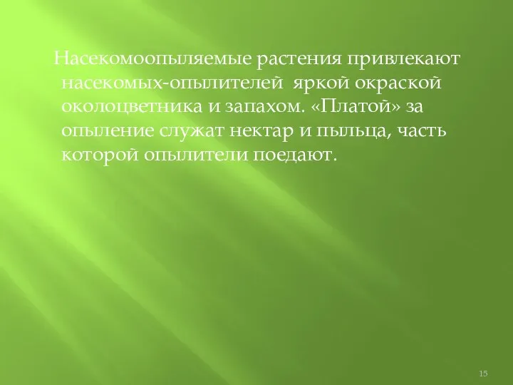 Насекомоопыляемые растения привлекают насекомых-опылителей яркой окраской околоцветника и запахом. «Платой»