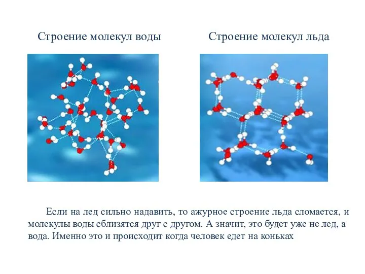 Если на лед сильно надавить, то ажурное строение льда сломается, и молекулы воды