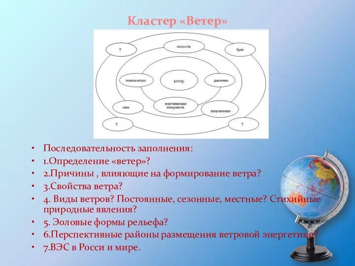 Кластер «Ветер» Последовательность заполнения: 1.Определение «ветер»? 2.Причины , влияющие на