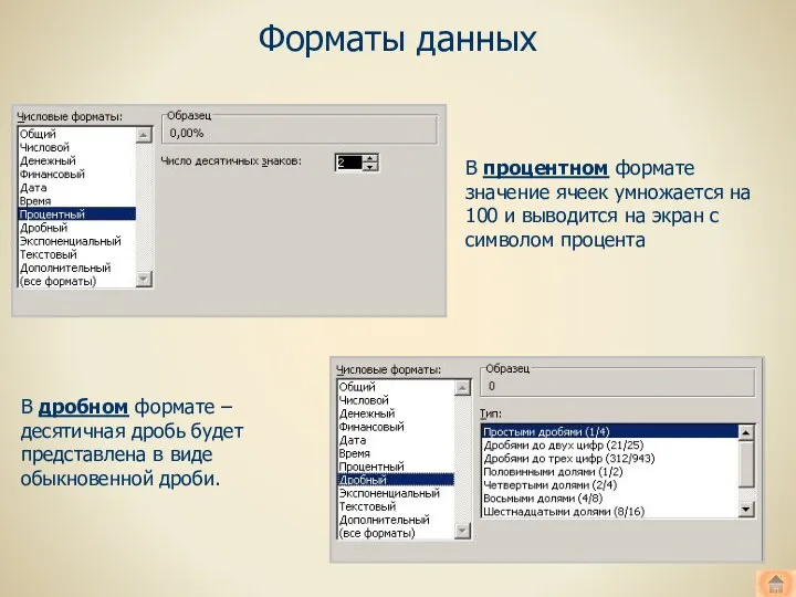 Форматы данных В процентном формате значение ячеек умножается на 100