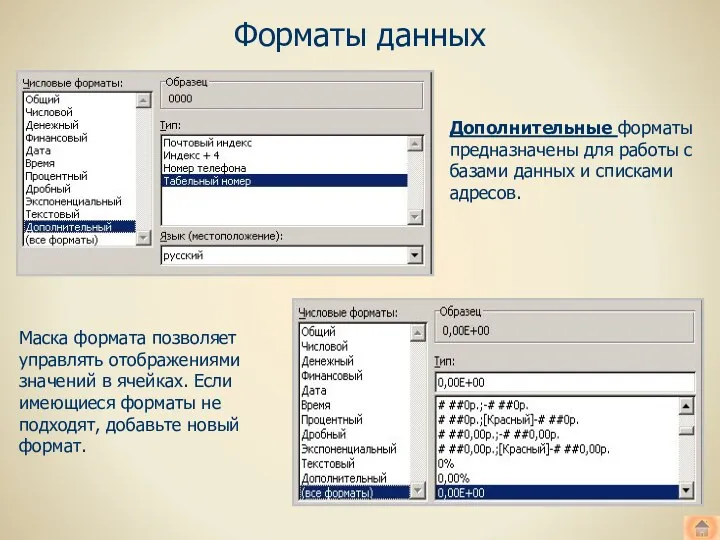 Форматы данных Дополнительные форматы предназначены для работы с базами данных