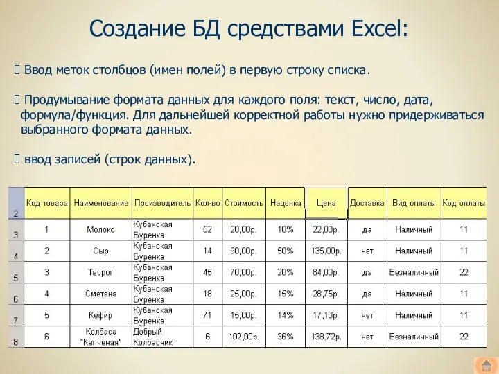 Создание БД средствами Excel: Ввод меток столбцов (имен полей) в