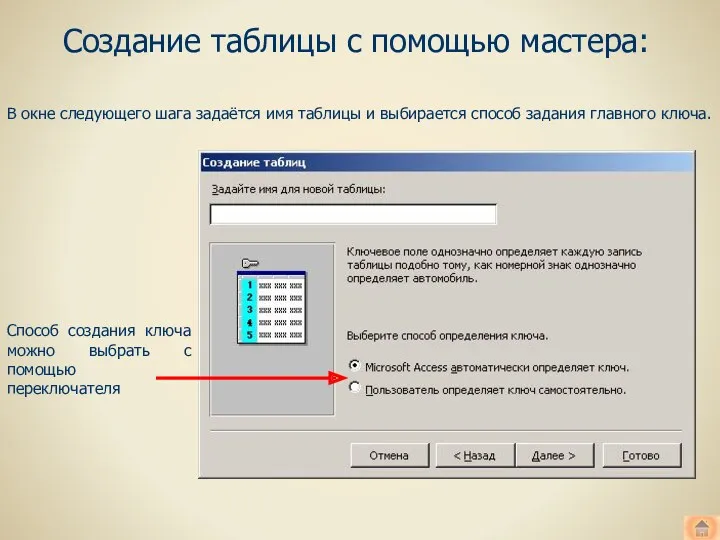 Создание таблицы с помощью мастера: В окне следующего шага задаётся