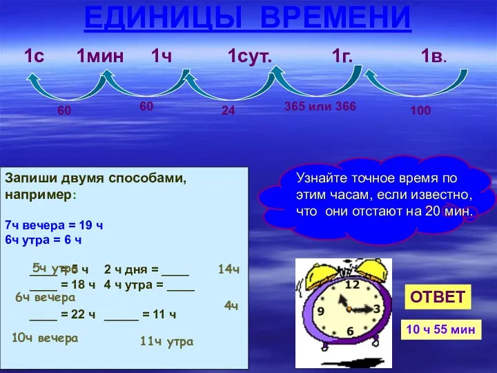 ЕДИНИЦЫ ВРЕМЕНИ 1с 1мин 1ч 1сут. 1г. 1в. 100 365 или 366 24