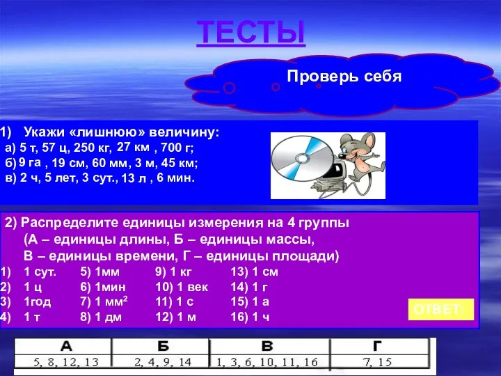 ТЕСТЫ Проверь себя Укажи «лишнюю» величину: а) 5 т, 57 ц, 250 кг,