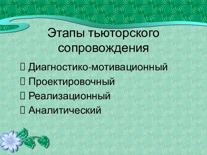 Этапы тьюторского сопровождения Диагностико-мотивационный Проектировочный Реализационный Аналитический