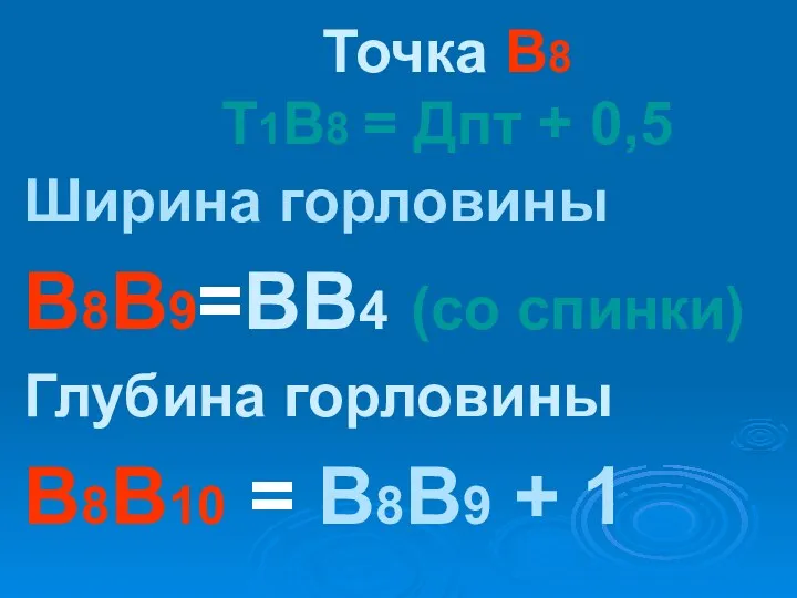 Точка В8 Т1В8 = Дпт + 0,5 Ширина горловины В8В9=ВВ4