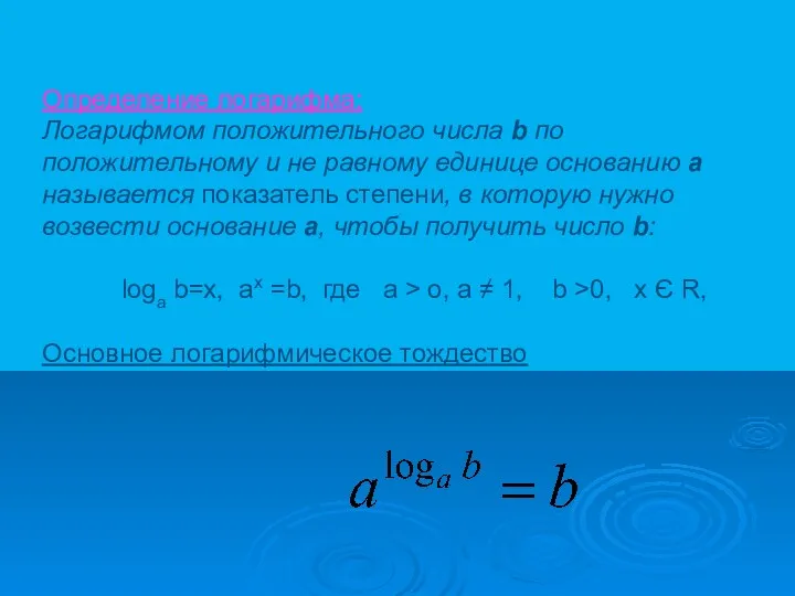 Определение логарифма: Логарифмом положительного числа b по положительному и не равному единице основанию