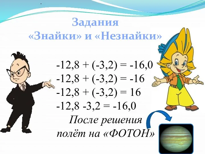 Задания «Знайки» и «Незнайки» - -12,8 + (-3,2) = -16,0 -12,8 + (-3,2)