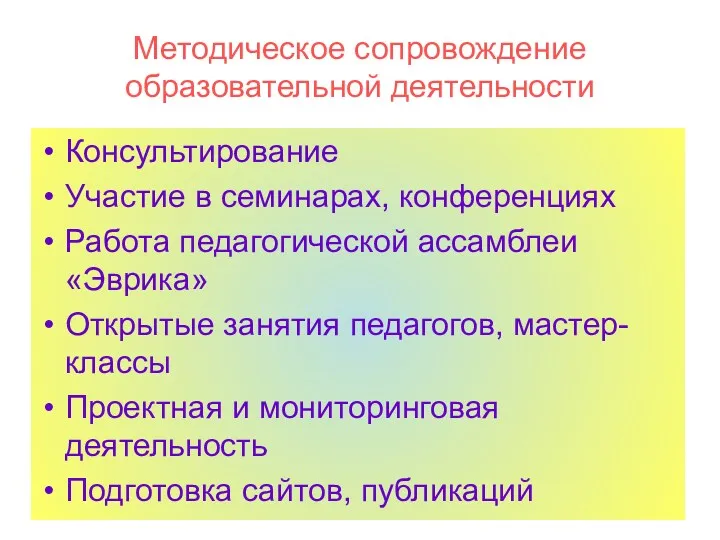 Методическое сопровождение образовательной деятельности Консультирование Участие в семинарах, конференциях Работа педагогической ассамблеи «Эврика»