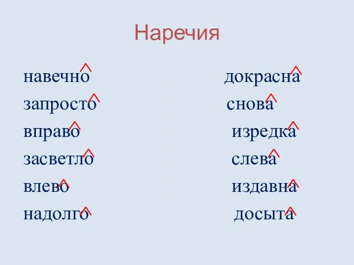 Наречия навечно запросто вправо засветло влево надолго докрасна снова изредка слева издавна досыта