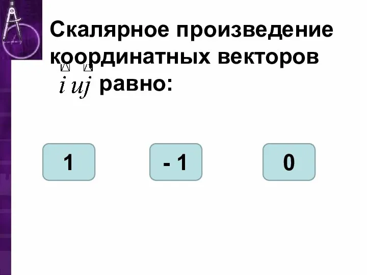 Скалярное произведение координатных векторов равно: 1 - 1 0