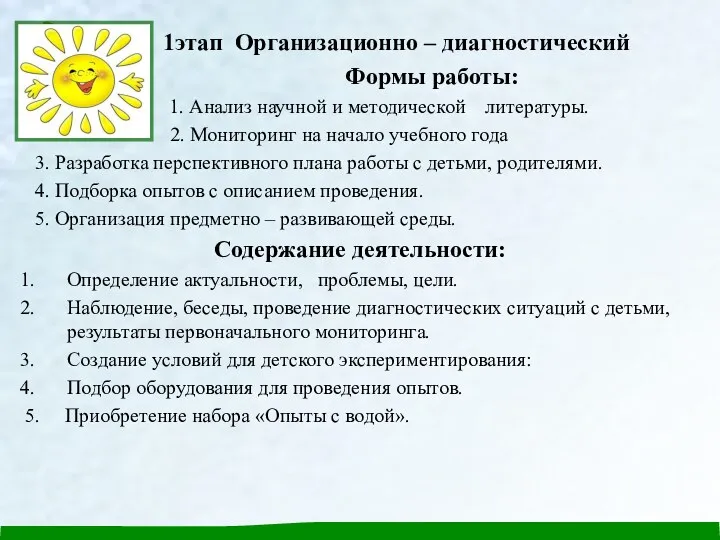 1этап Организационно – диагностический Формы работы: 1. Анализ научной и