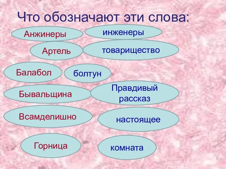 Что обозначают эти слова: Анжинеры инженеры Артель товарищество Балабол болтун