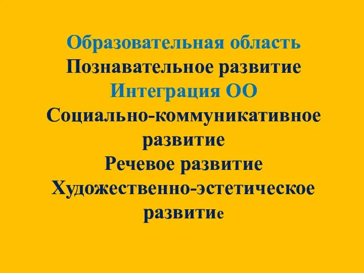 Образовательная область Познавательное развитие Интеграция ОО Социально-коммуникативное развитие Речевое развитие Художественно-эстетическое развитие