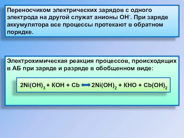 Переносчиком электрических зарядов с одного электрода на другой служат анионы