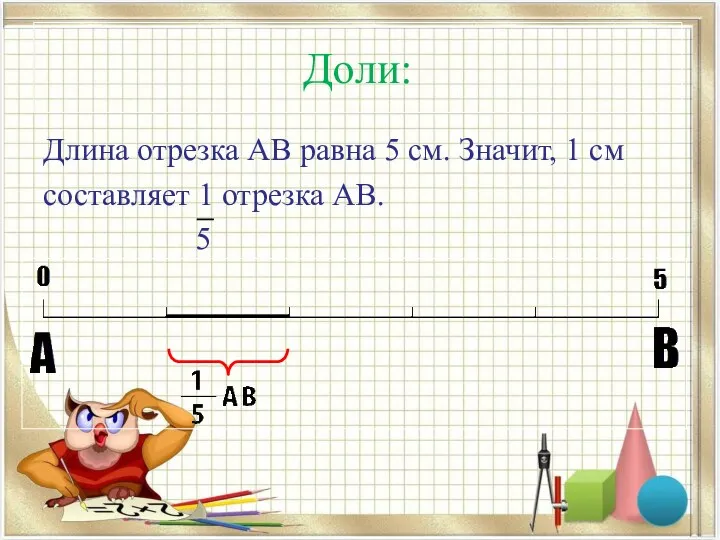 Доли: Длина отрезка АВ равна 5 см. Значит, 1 см составляет 1 отрезка АВ. 5