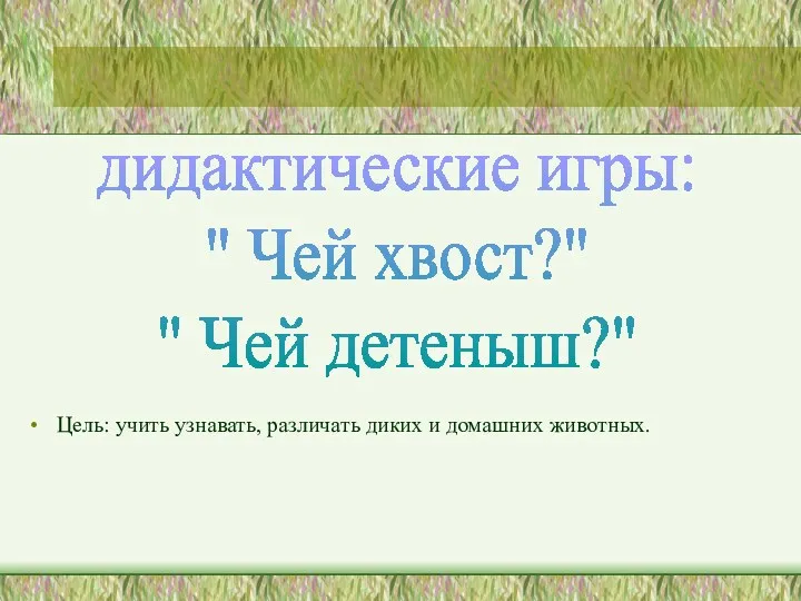 Цель: учить узнавать, различать диких и домашних животных. дидактические игры: " Чей хвост?" " Чей детеныш?"