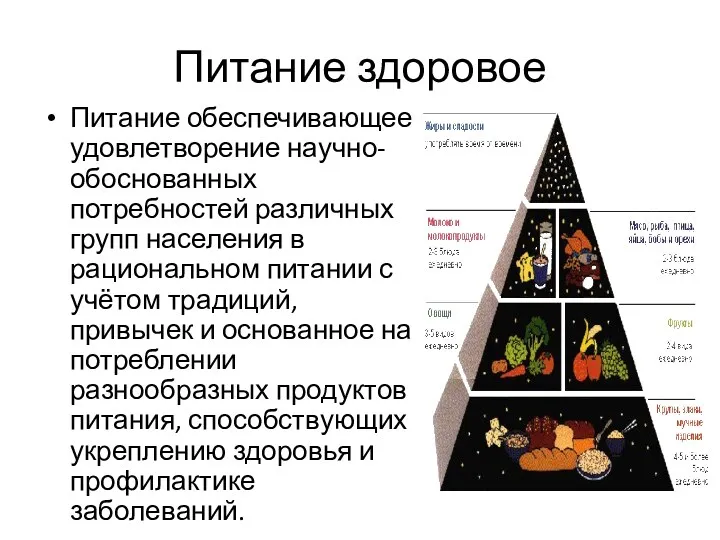 Питание здоровое Питание обеспечивающее удовлетворение научно-обоснованных потребностей различных групп населения