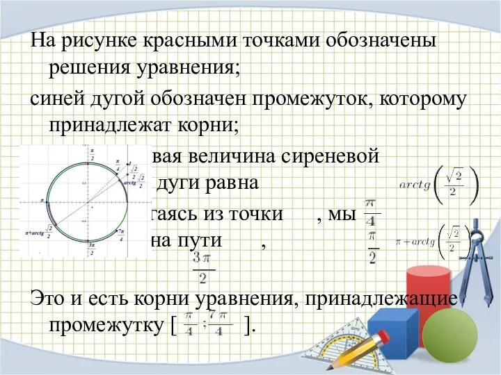 На рисунке красными точками обозначены решения уравнения; синей дугой обозначен промежуток, которому принадлежат