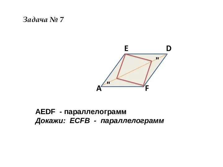 " " A E D F Задача № 7 AEDF - параллелограмм Докажи: ECFB - параллелограмм