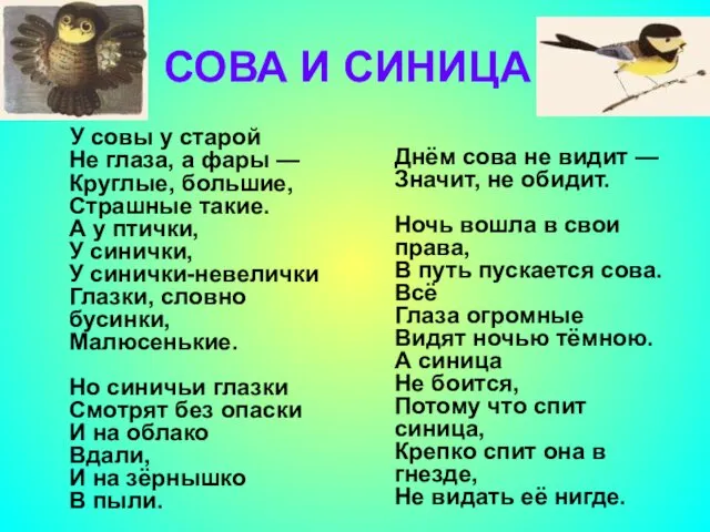 СОВА И СИНИЦА У совы у старой Не глаза, а