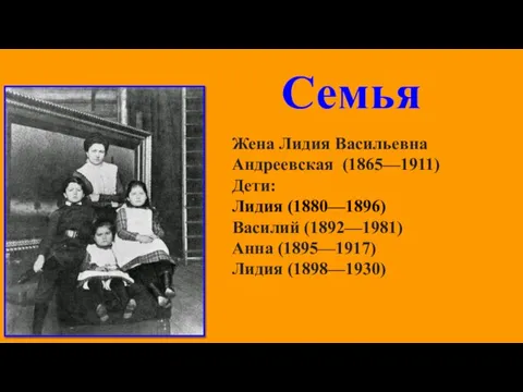 Семья Жена Лидия Васильевна Андреевская (1865—1911) Дети: Лидия (1880—1896) Василий (1892—1981) Анна (1895—1917) Лидия (1898—1930)