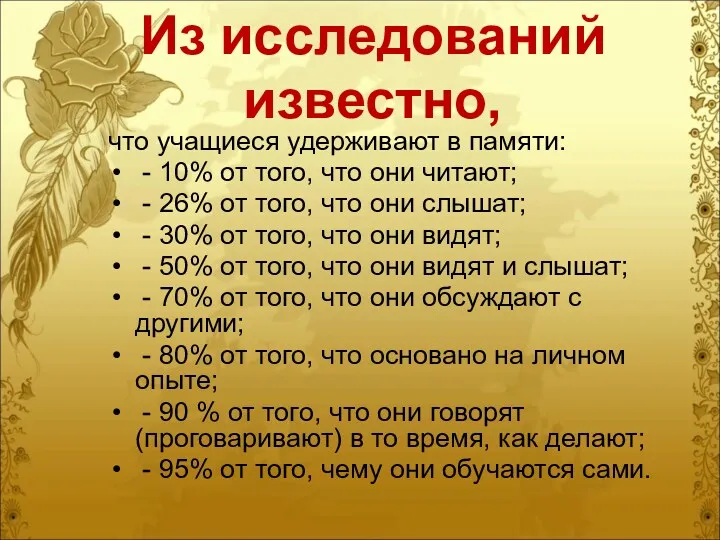 Из исследований известно, что учащиеся удерживают в памяти: - 10%