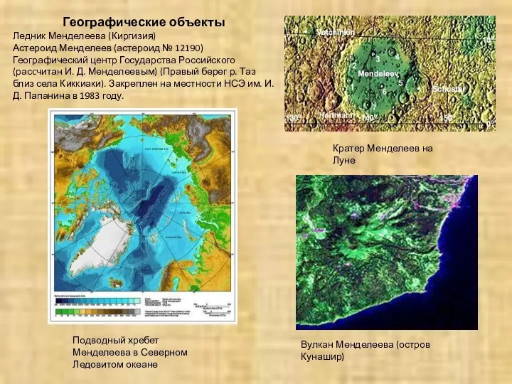 Географические объекты Ледник Менделеева (Киргизия) Астероид Менделеев (астероид № 12190)