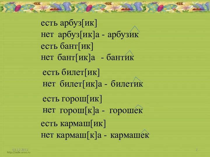 есть арбуз[ик] нет арбузик бант[ик]а есть билет[ик] нет есть горош[ик]