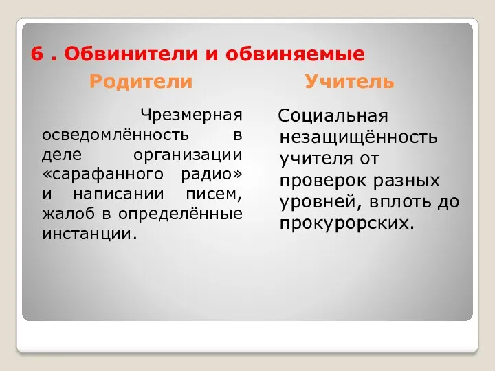 Родители Учитель Чрезмерная осведомлённость в деле организации «сарафанного радио» и