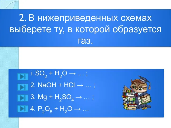 2. В нижеприведенных схемах выберете ту, в которой образуется газ. 1. SO2 +