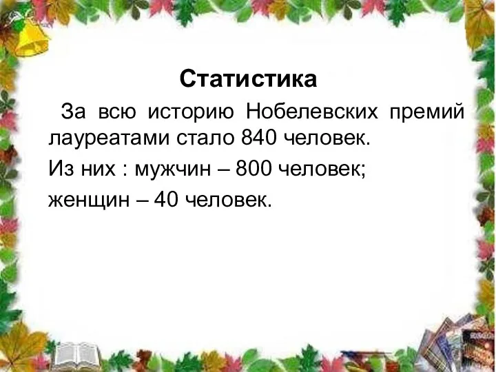 Статистика За всю историю Нобелевских премий лауреатами стало 840 человек.