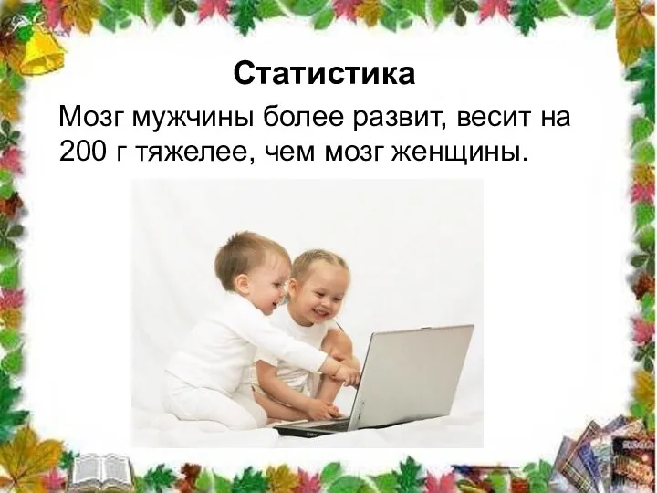 Статистика Мозг мужчины более развит, весит на 200 г тяжелее, чем мозг женщины.