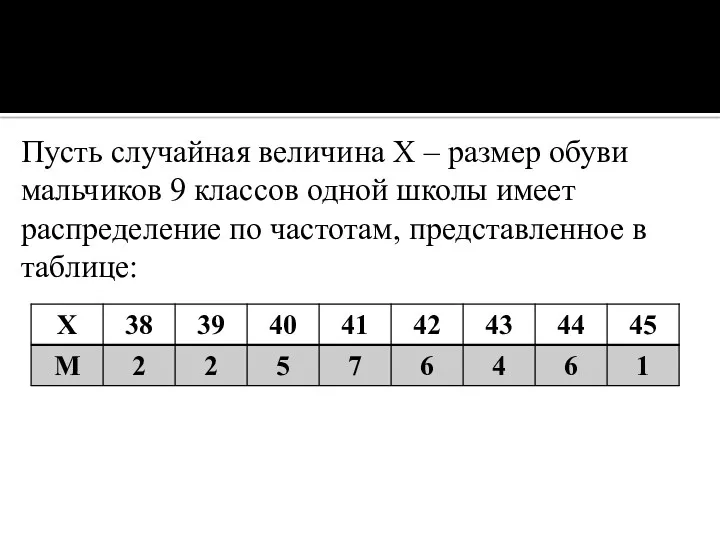 Пусть случайная величина X – размер обуви мальчиков 9 классов