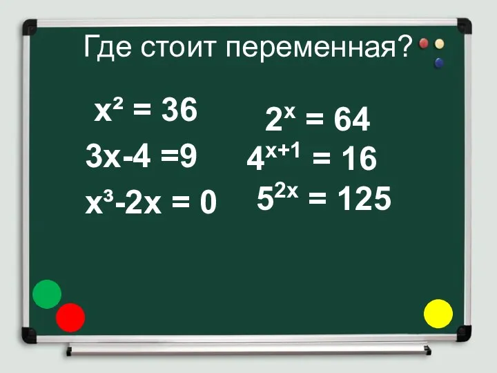 Где стоит переменная? x² = 36 3x-4 =9 x³-2х = 0 2х =
