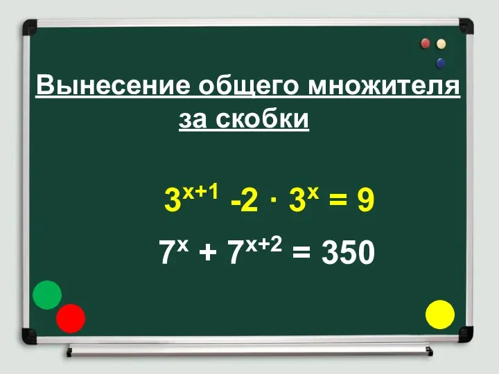Вынесение общего множителя за скобки 3х+1 -2 · 3х = 9 7х + 7х+2 = 350